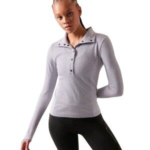 Athleta Flurry Seemless Henley Top Collared Snap Closure Subtle Stripe Size